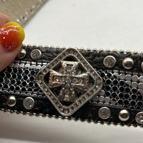 Nocona Black Silver Bling Western Belt leather with rhinestones Sz XL main image 9